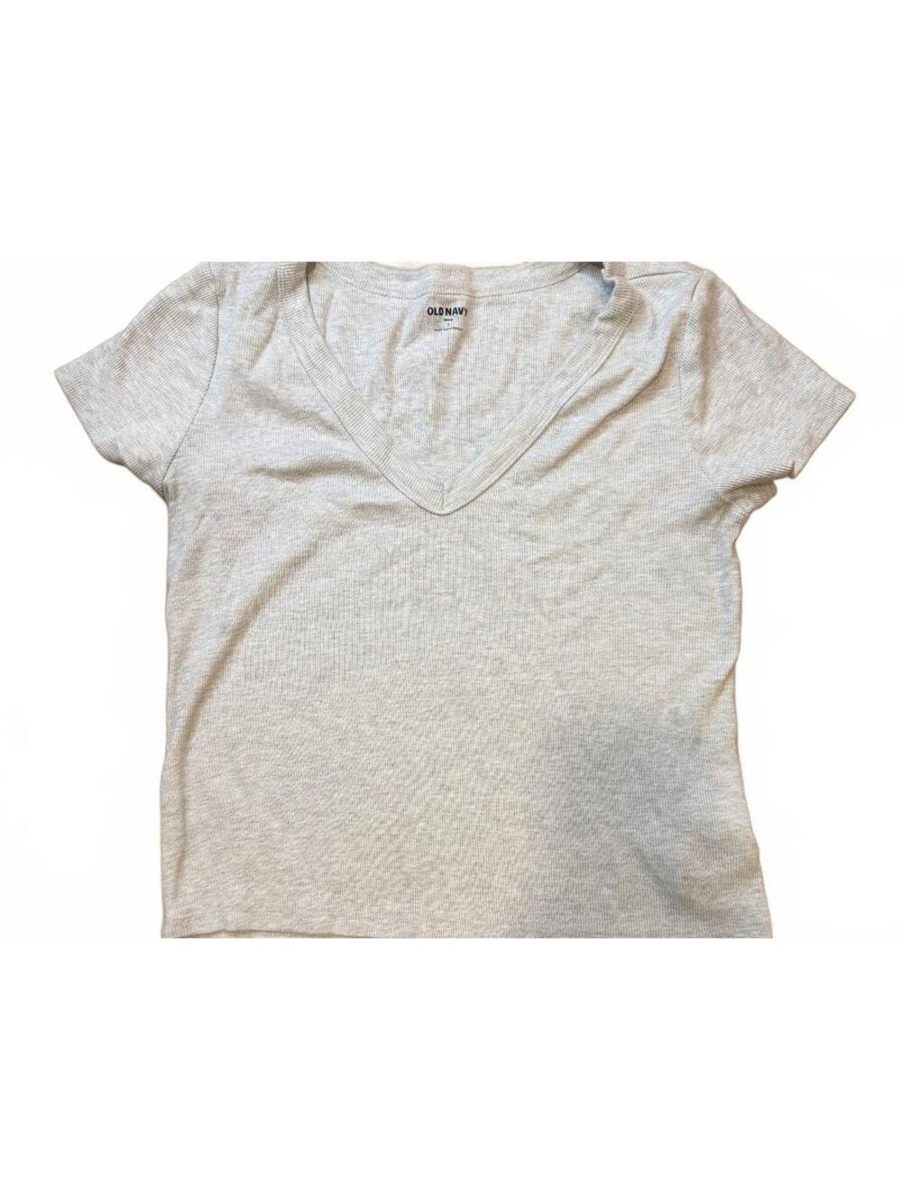 Old Navy Womens L Snug Ribbed V Neck T Shirt Oatmeal Cream Fitted Stretch Tee